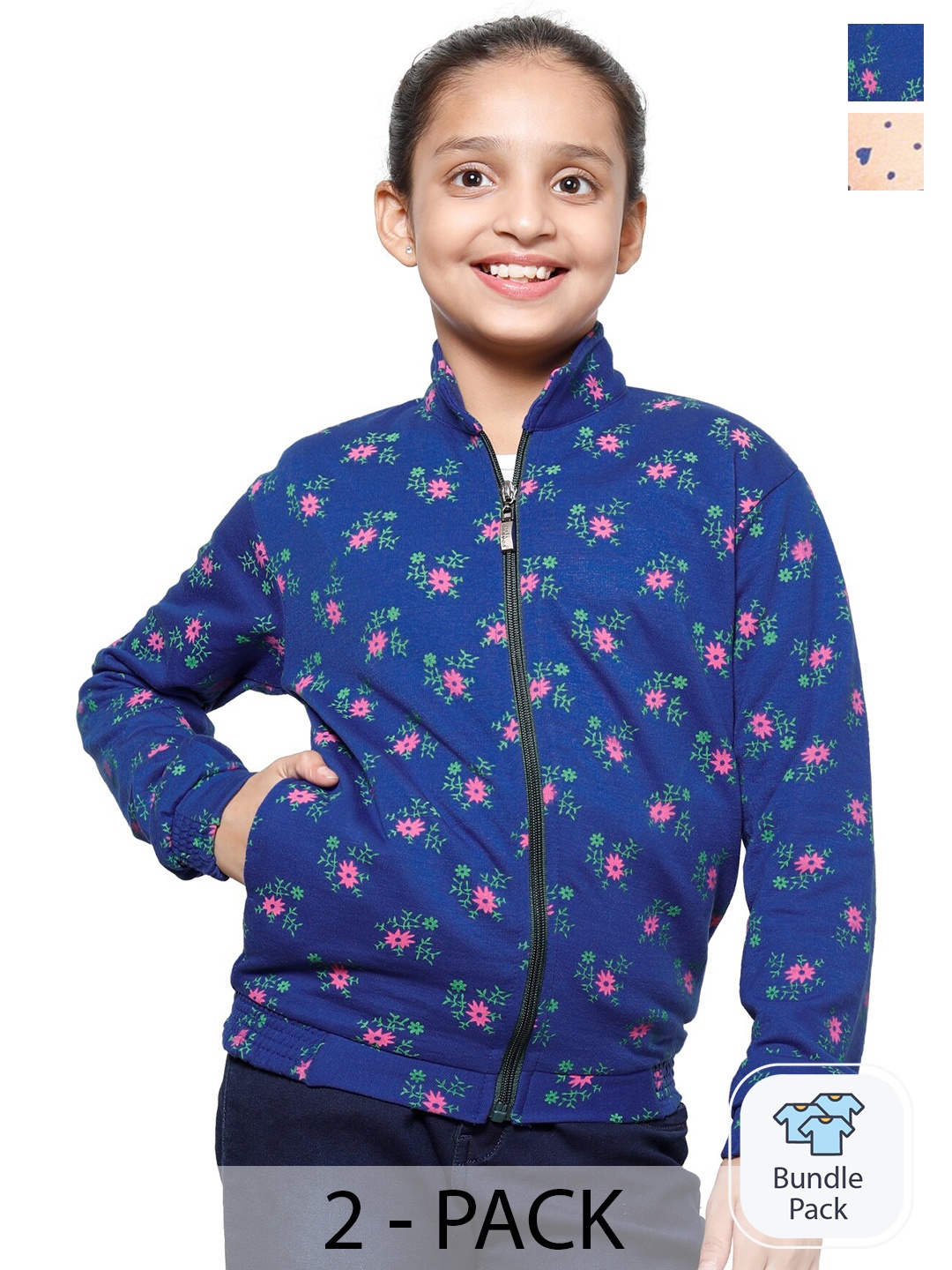 

IndiWeaves Girls Pack Of 2 Floral Printed Mock Collar Fleece Front-Open Sweatshirt, Blue