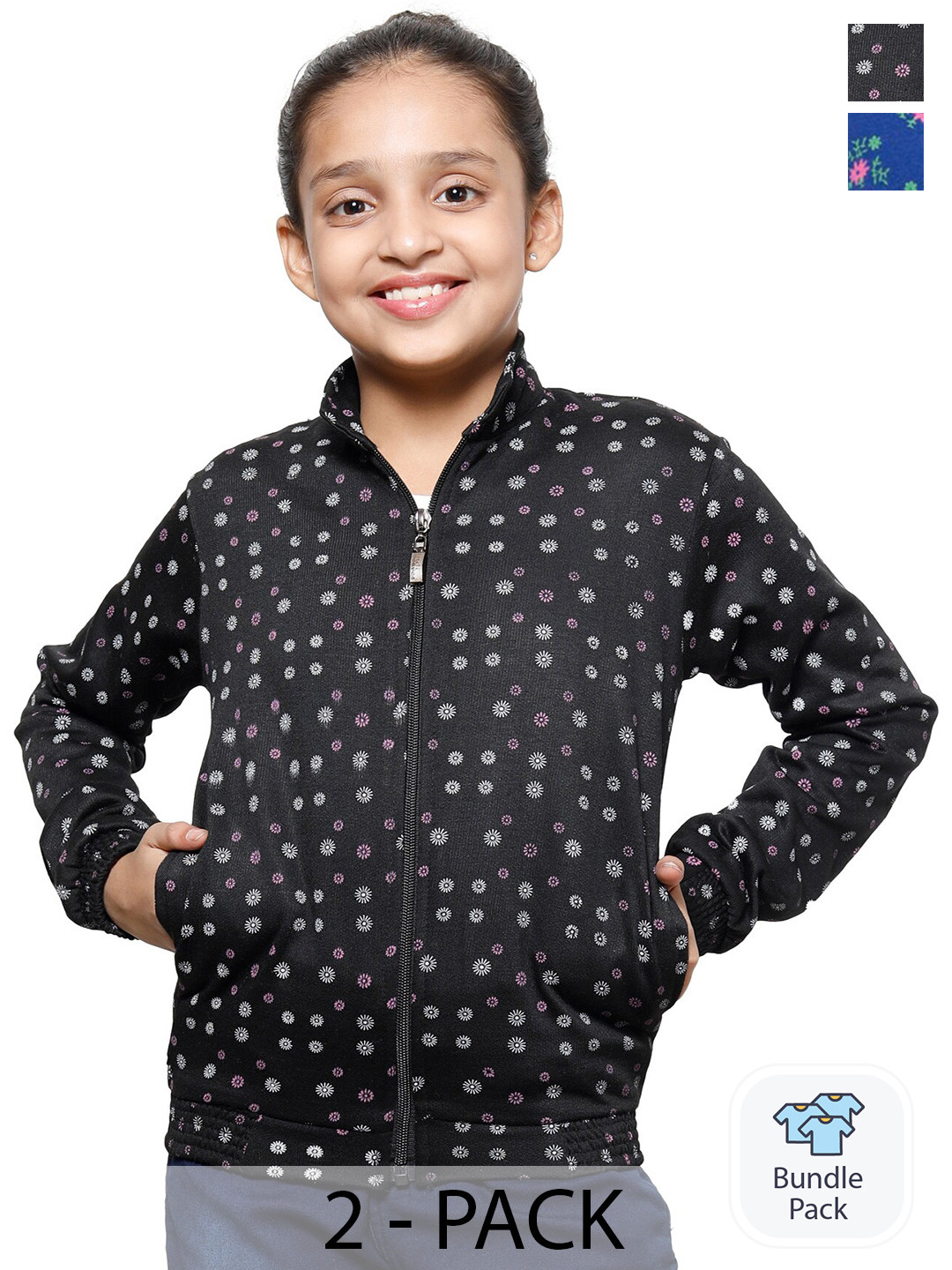 

IndiWeaves Girls Pack Of 2 Floral Printed Mock Collar Fleece Front-Open Sweatshirt, Black