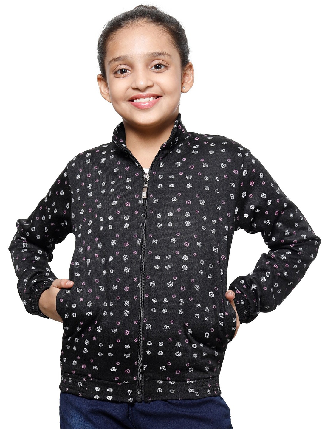 

IndiWeaves Girls Floral Printed Mock Collar Fleece Front-Open Sweatshirt, Black