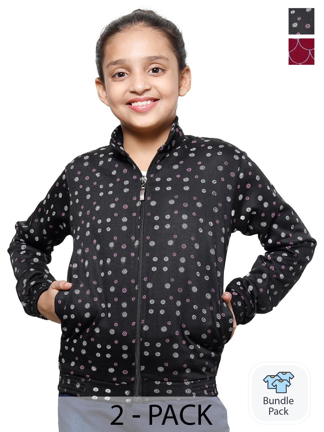 

IndiWeaves Girls Pack Of 2 Floral Printed Mock Collar Fleece Front-Open Sweatshirt, Black