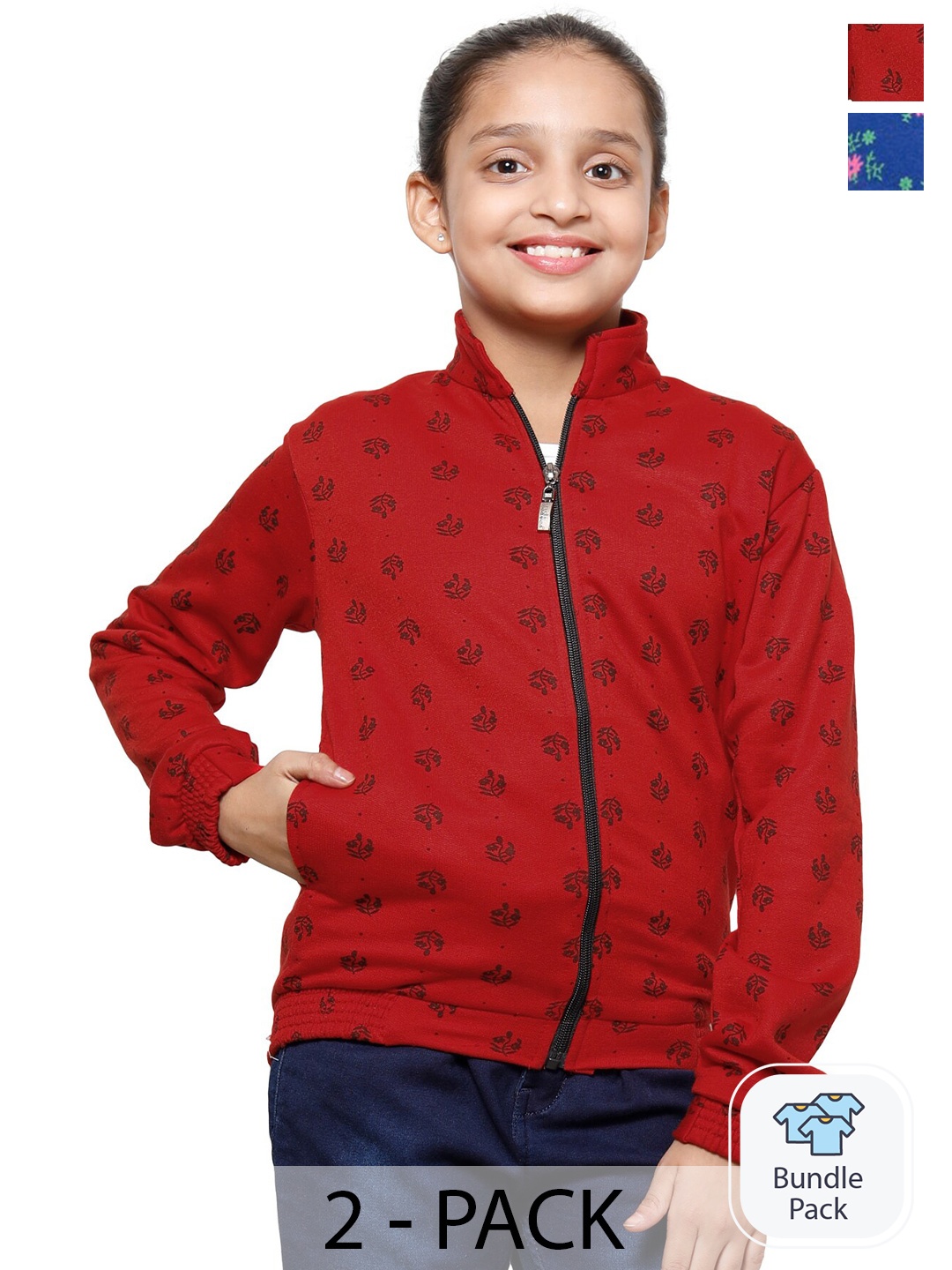 

IndiWeaves Girls Pack Of 2 Floral Printed Mock Collar Fleece Front-Open Sweatshirt, Red