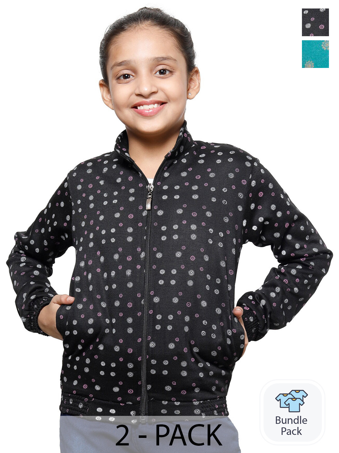 

IndiWeaves Girls Pack Of 2 Floral Printed Mock Collar Fleece Front-Open Sweatshirt, Black