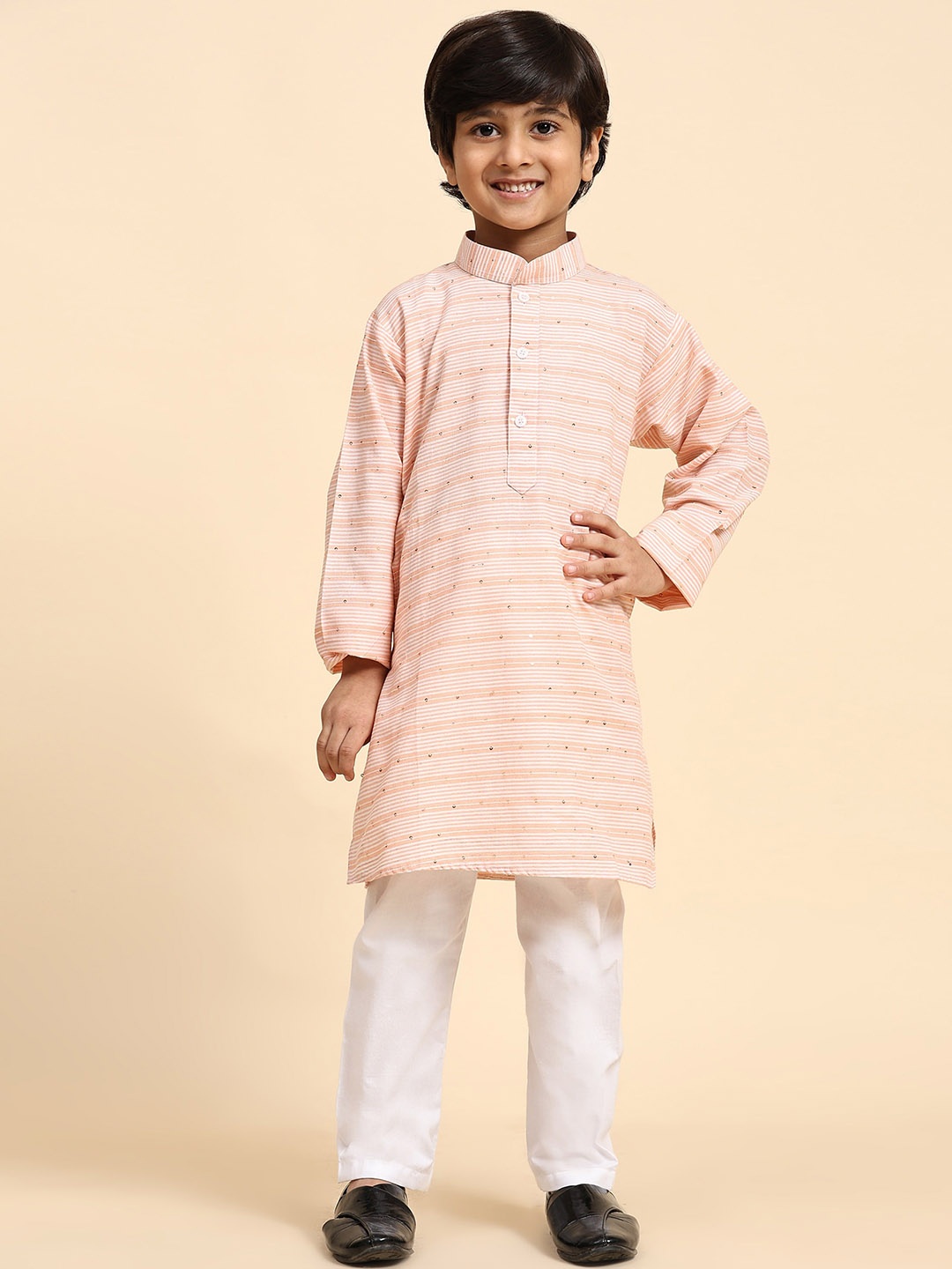 

Pro-Ethic STYLE DEVELOPER Boys Striped Sequined Straight Kurta with Pyjamas, Orange