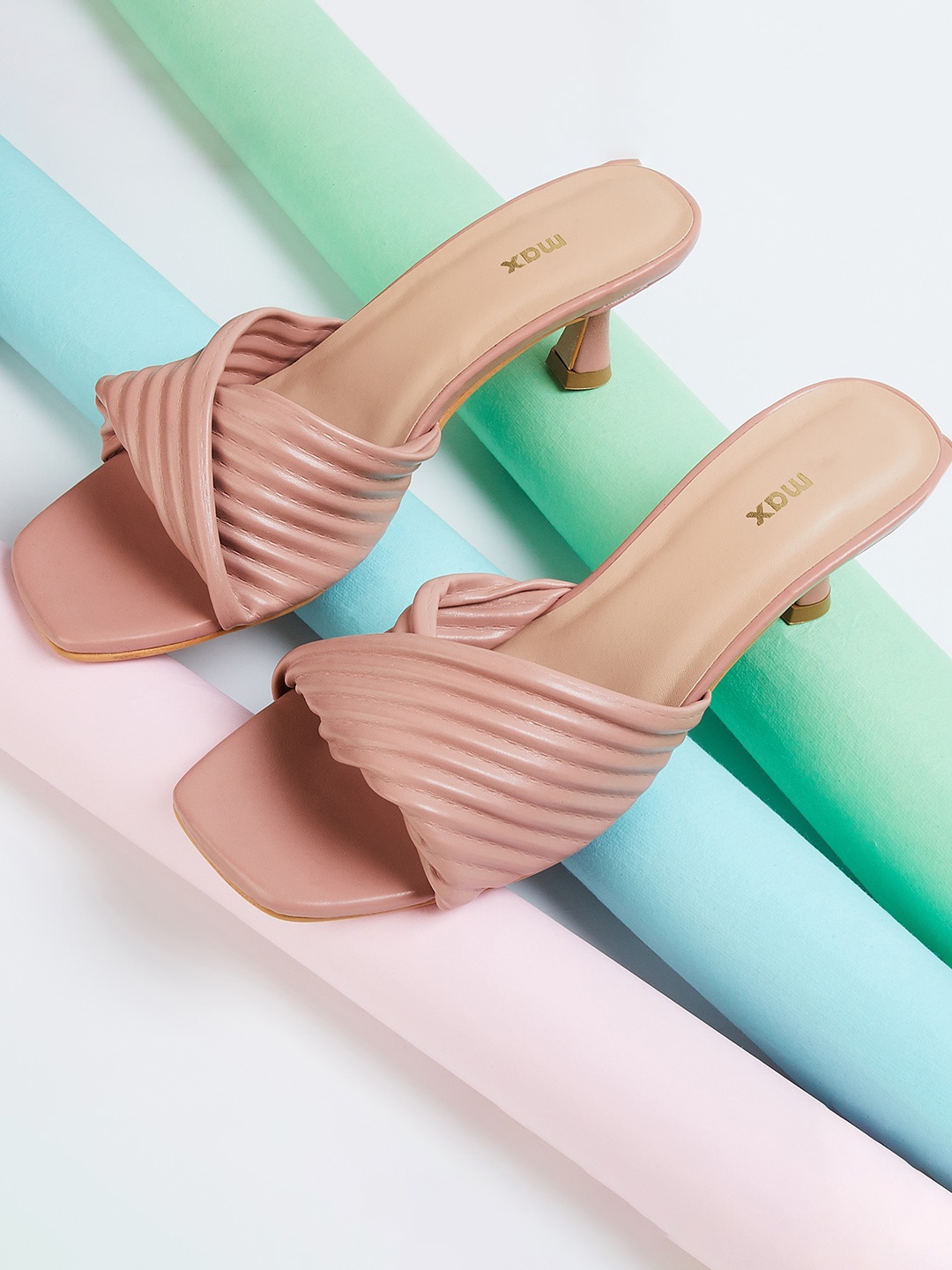 

max Textured Open Toe Kitten Heels, Pink