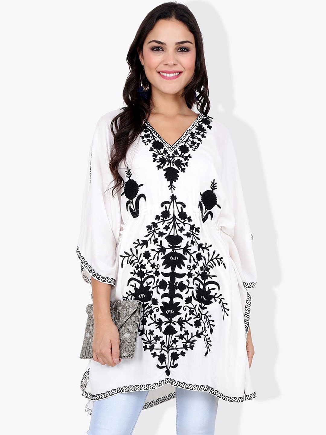 

CRAFTBAZAR Ethnic Motifs Embroidered Kaftan Kurti, White