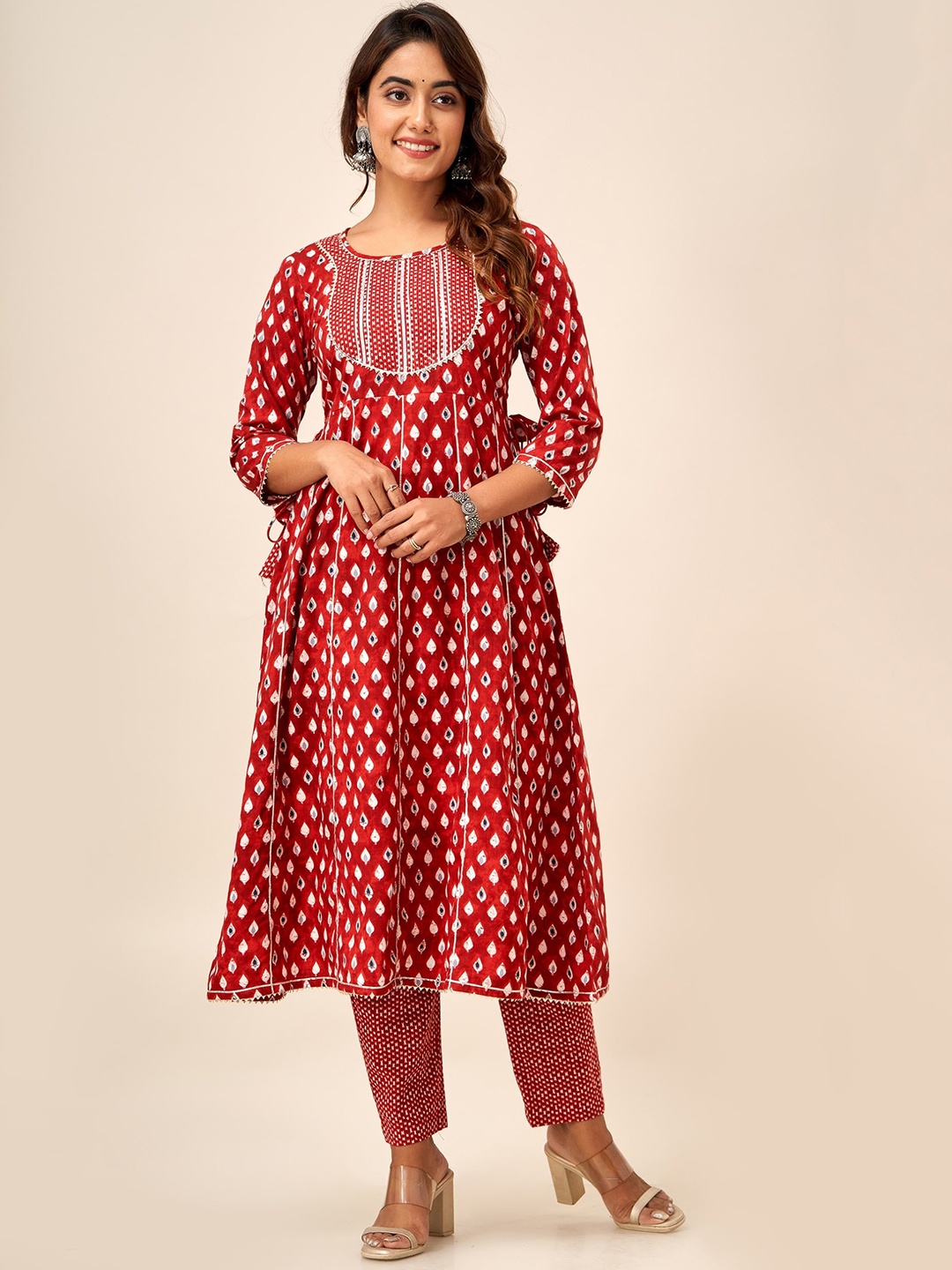 

HERE&NOW Ethnic Motifs Printed Cotton Anarkali Kurta, Red