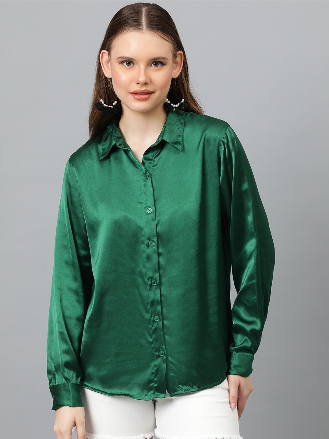 

KOTTY BIZwear Green Relaxed Spread Collar Satin Casual Shirt