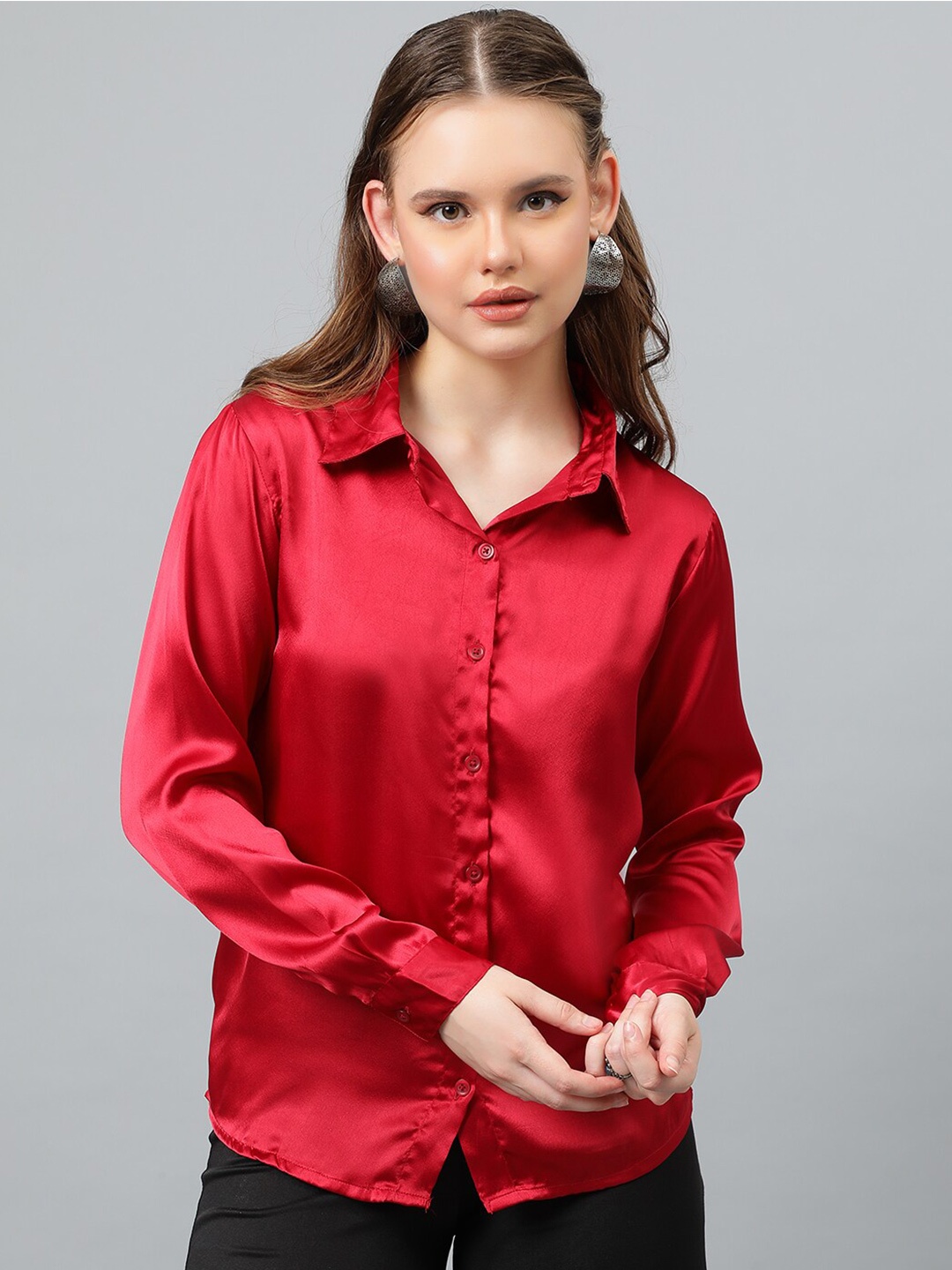 

KOTTY BIZwear Maroon Relaxed Spread Collar Satin Casual Shirt