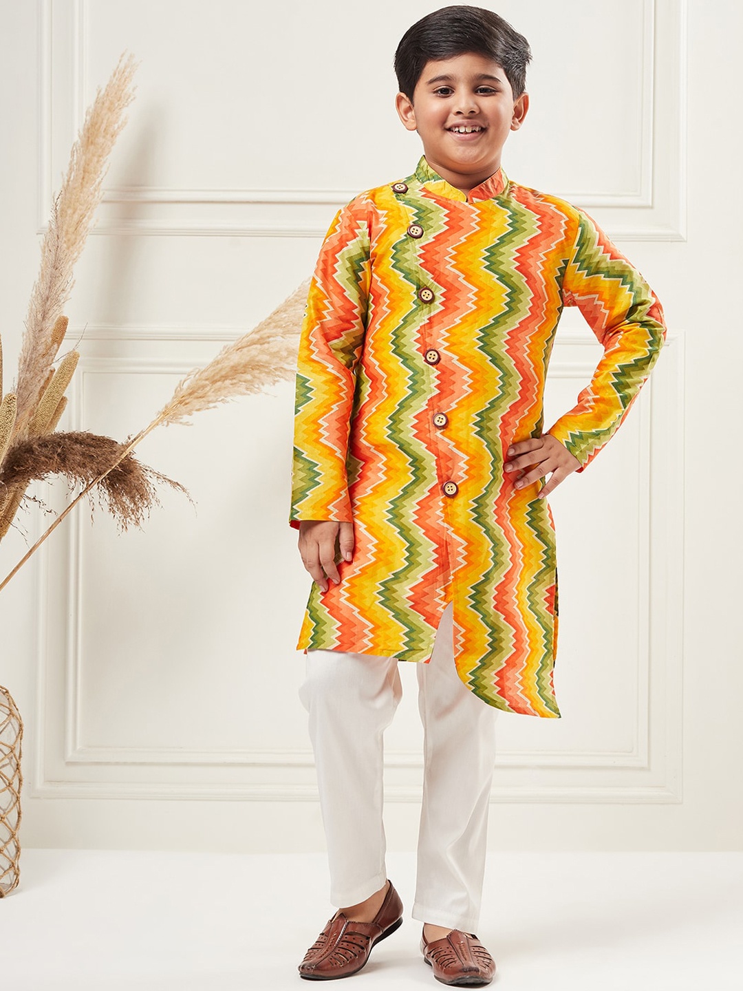 

Stylo Bug Boys Striped Pure Cotton Kurta With Pyjamas, Yellow
