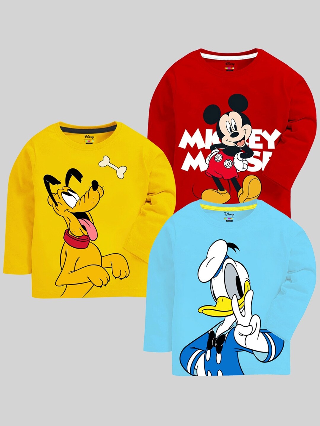 

KUCHIPOO Kids Pack Of 3 Humour and Comic Mickey & Friends Graphic Printed Cotton T-Shirts, Red
