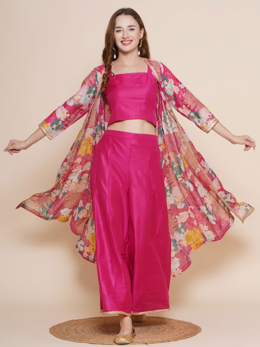 

Bhama Couture Shoulder Straps Top & Palazzos With Floral Printed Shrug, Pink