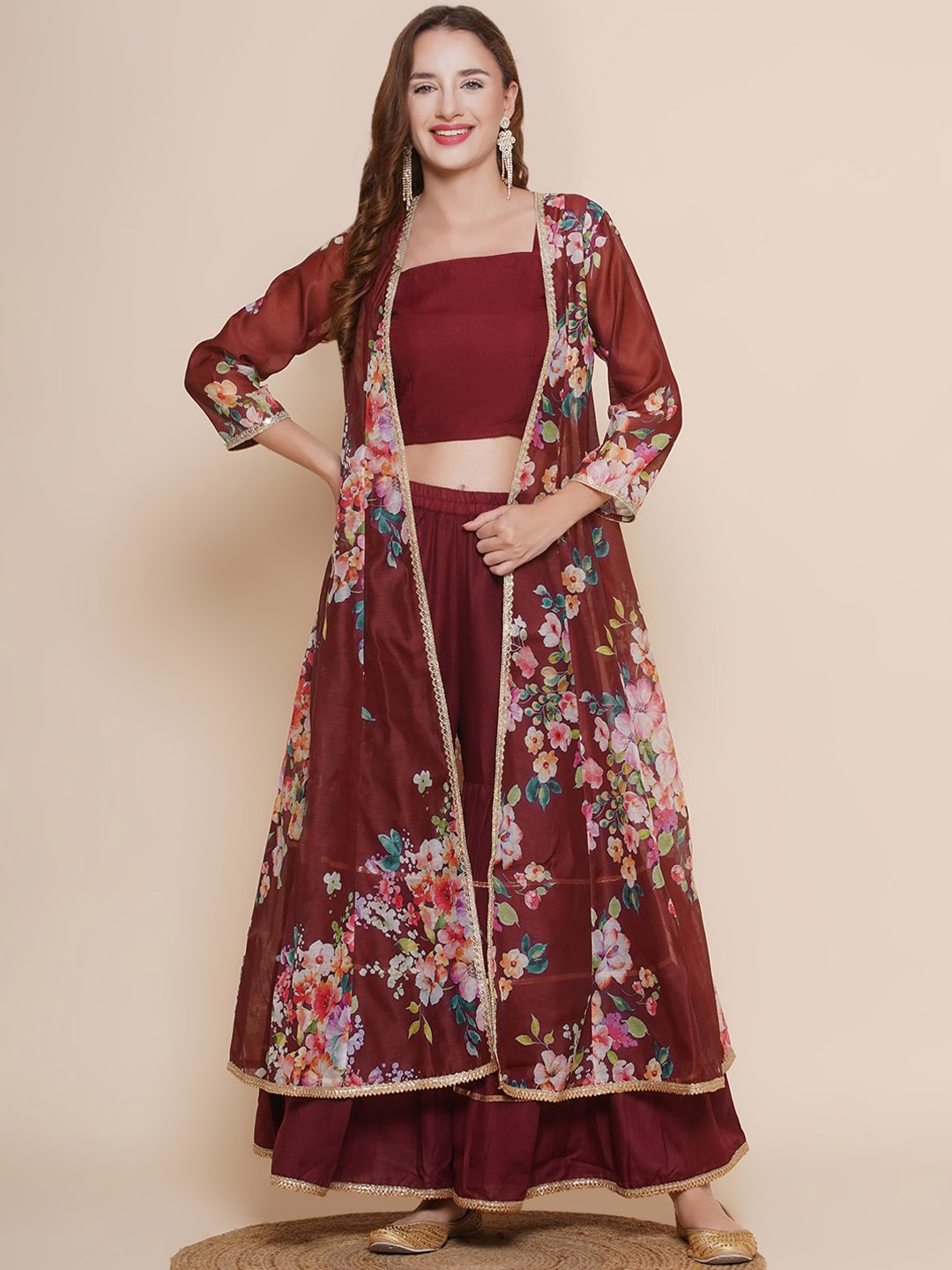 

Bhama Couture Shoulder Straps Crop Top With Sharara & Shrug, Maroon