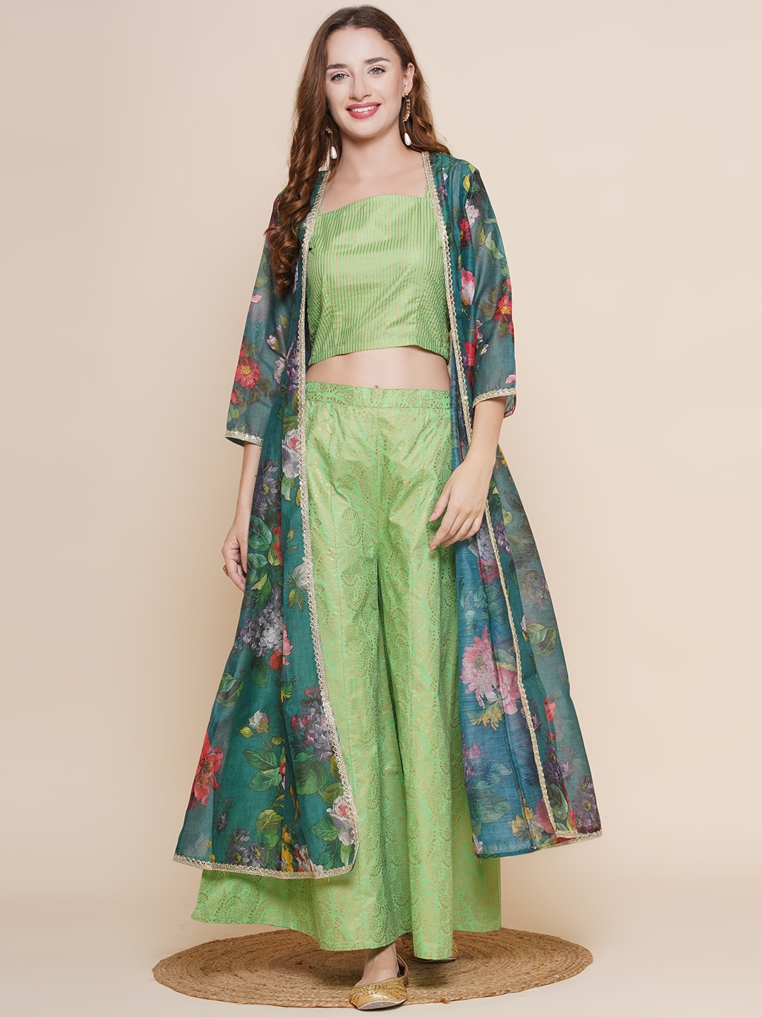 

Bhama Couture Floral printed Jacket, Top With Palazzos, Green