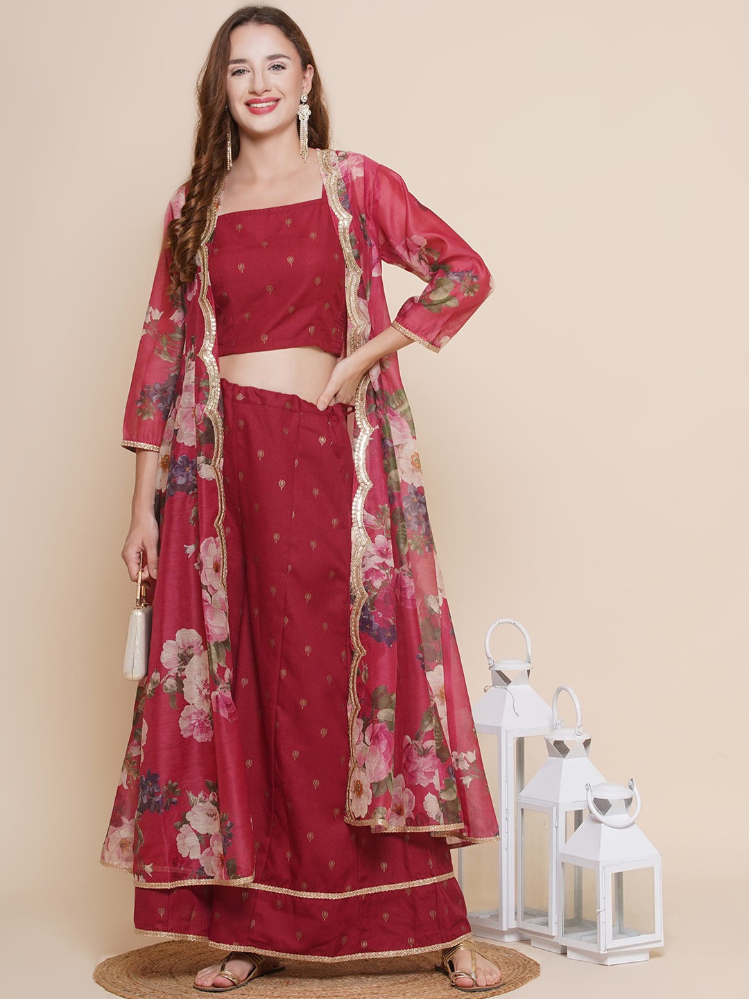 

Bhama Couture Ethnic Motifs Woven Design Shoulder Straps Crop Top With Palazzos & Shrug, Maroon