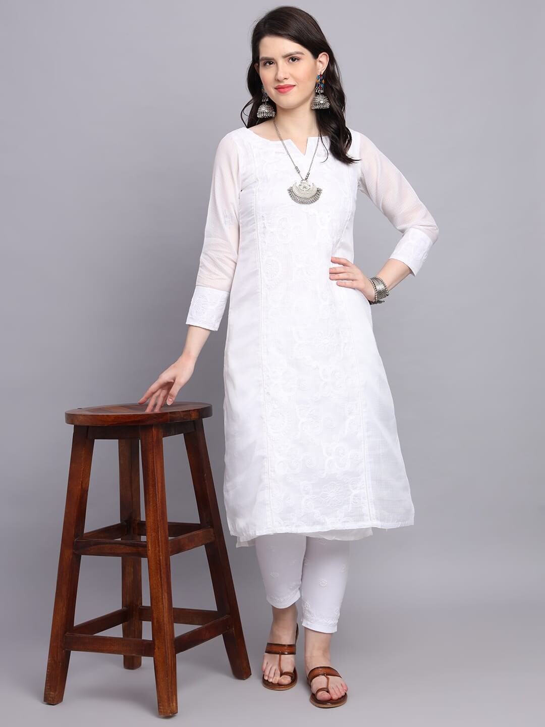 

SHADES Embroidered Kota Chikankari Pure Cotton Kurta, White