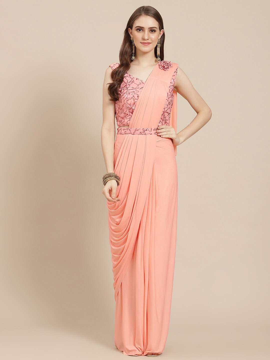 

Mitera Peach-Coloured Sequinned Ready to Wear Saree