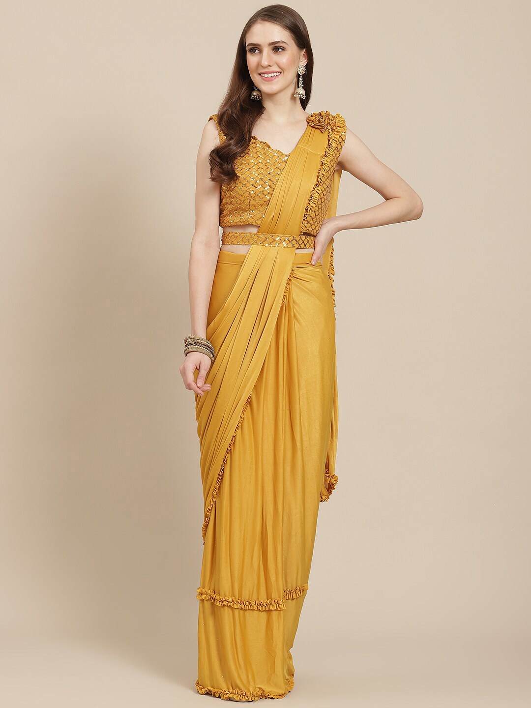 

Mitera Mustard Yellow Sequinned Ready to Wear Saree