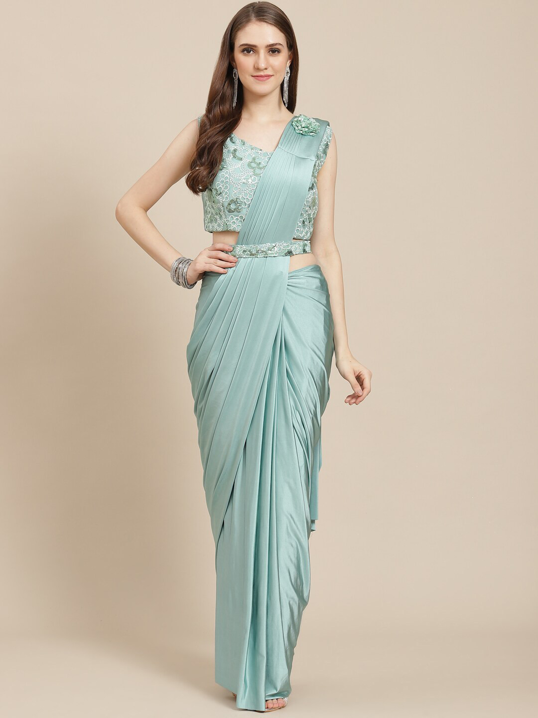 

Mitera Sea Green Embroidered Ready to Wear Saree