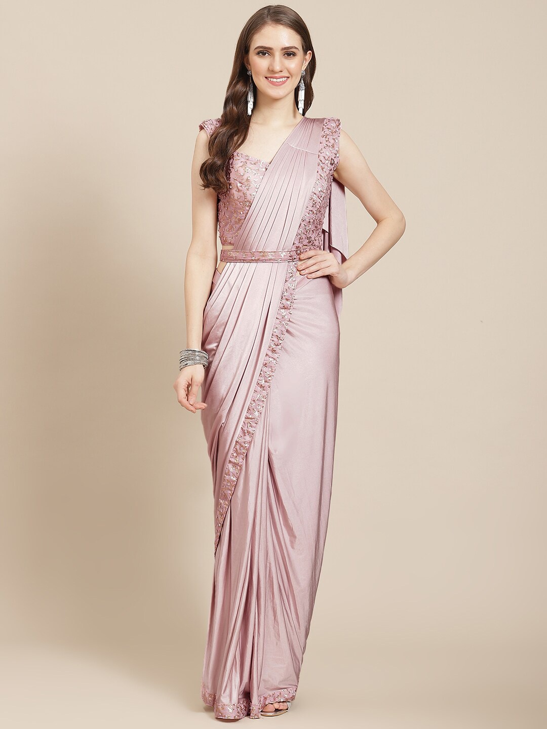 

Mitera Pink Embroidered Ready To Wear Saree