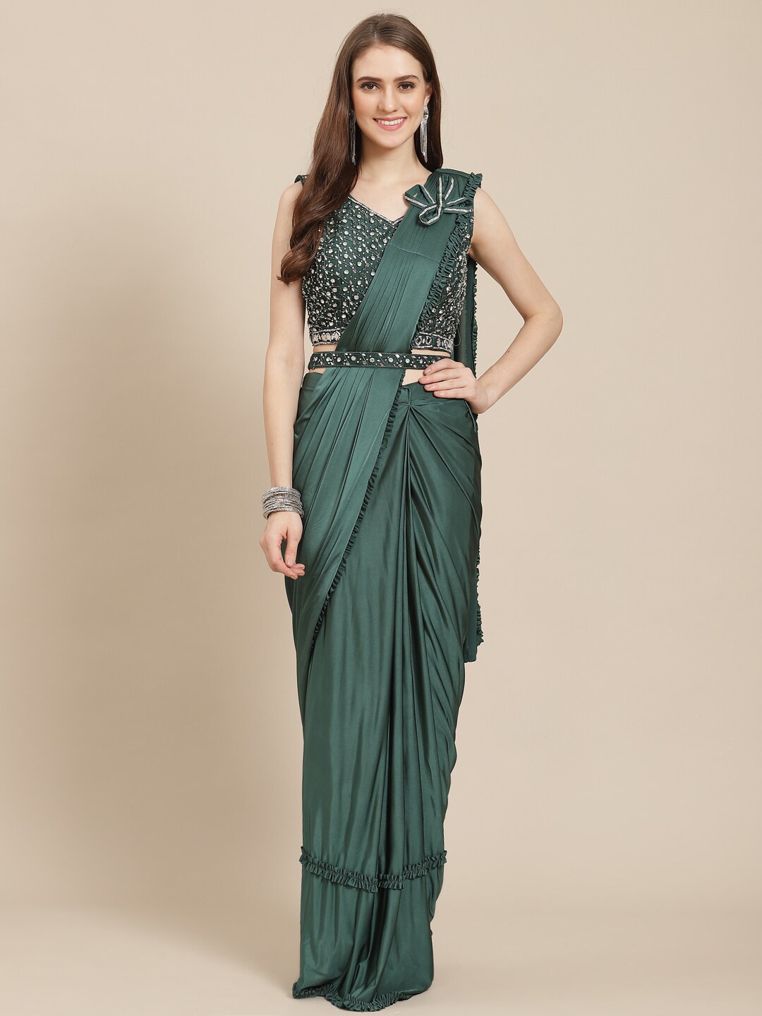 

Mitera Green Beads And Stones Ready To Wear Saree