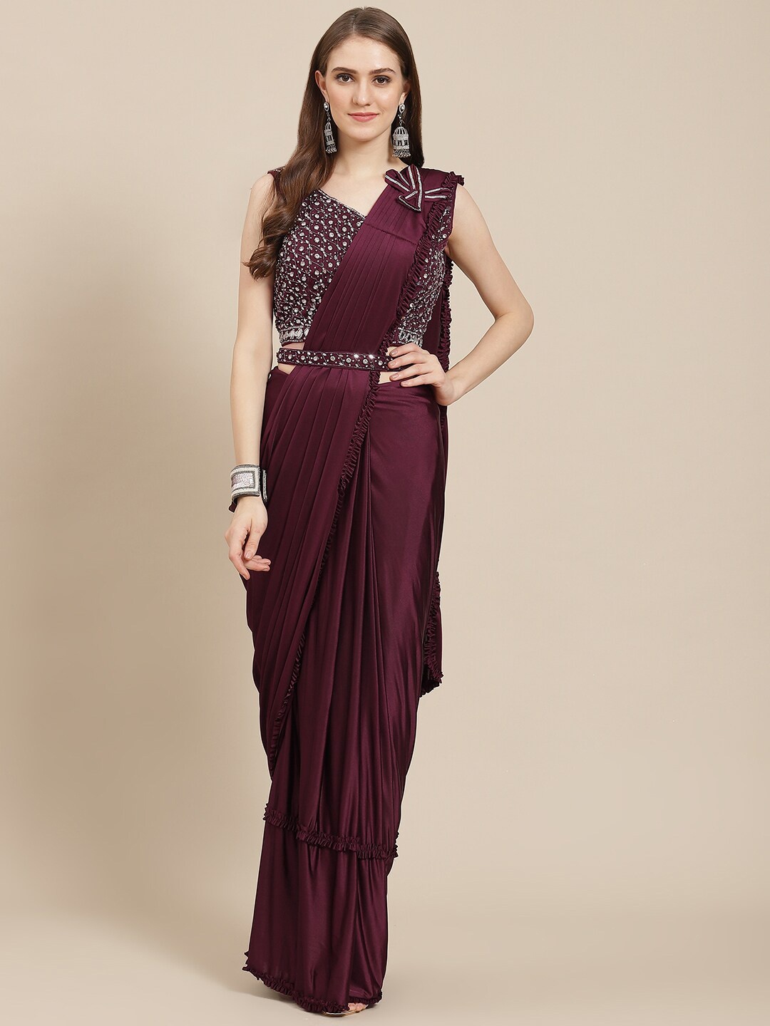 

Mitera Burgundy Beads And Stones Ready To Wear Saree