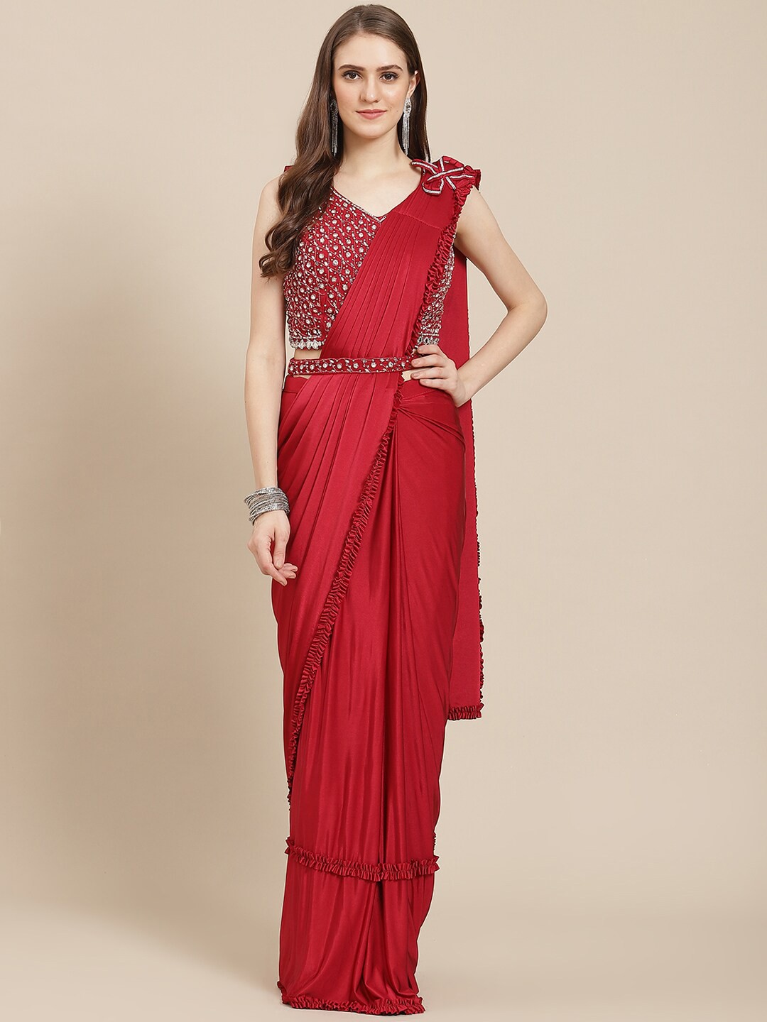

Mitera Maroon Beads & Stones Ready To Wear Saree