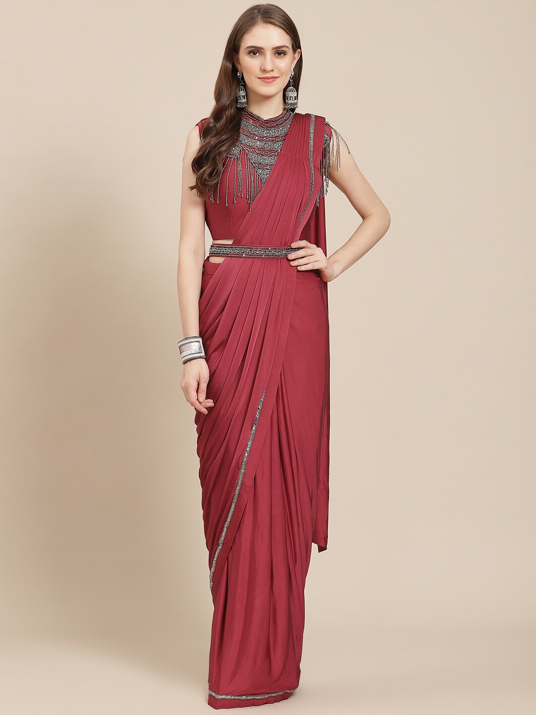 

Mitera Maroon Beads & Stones Ready To Wear Saree