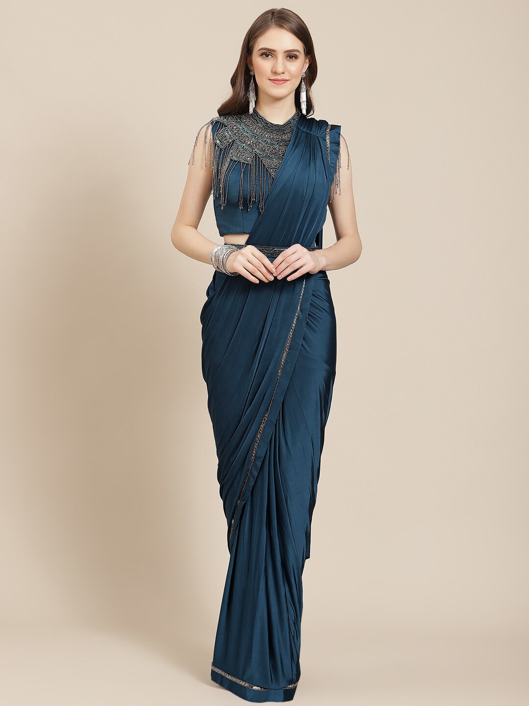 

Mitera Blue Mirror Work Ready to Wear Saree