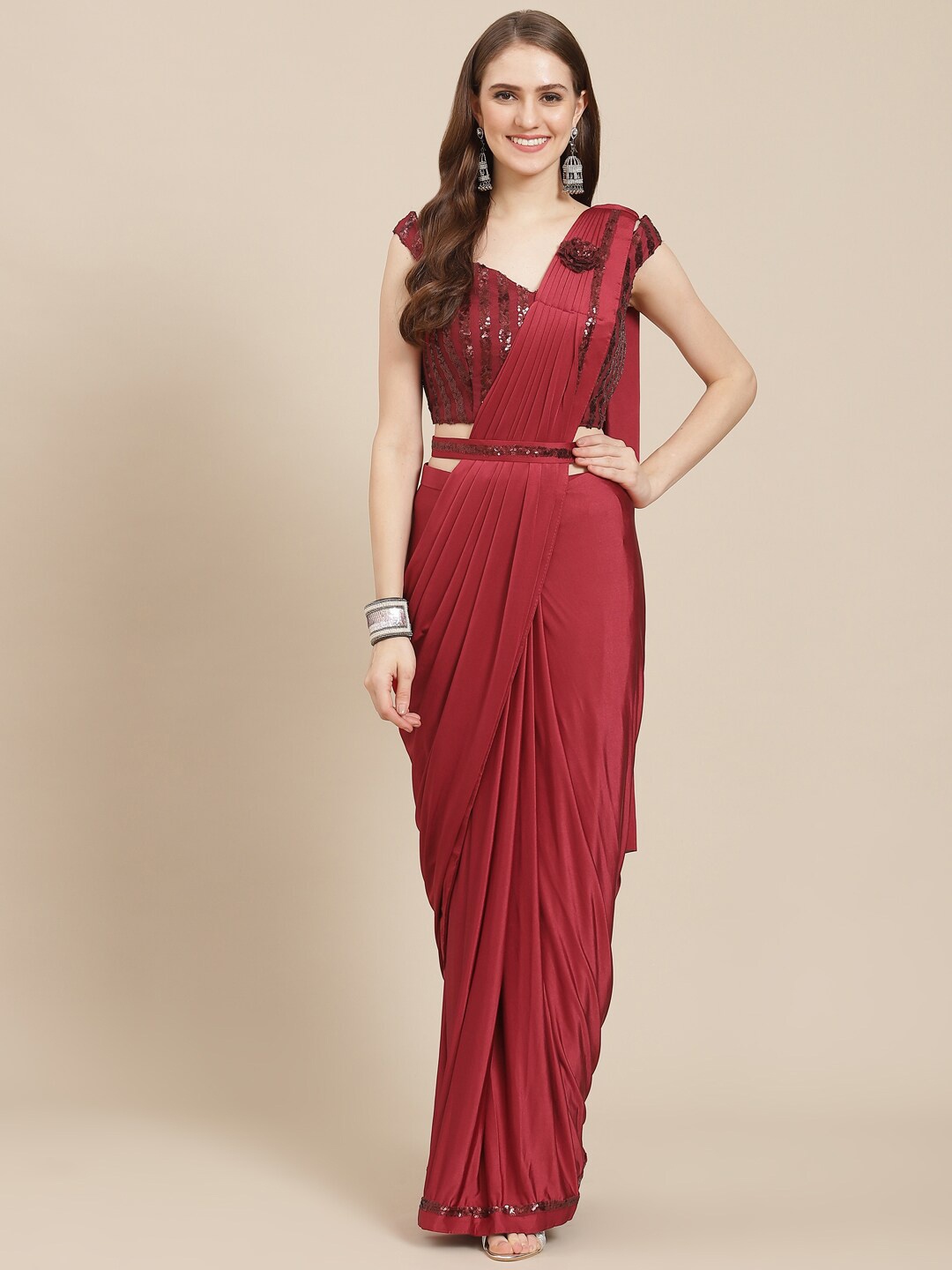 

Mitera Sequinned Ready to Wear Lycra Saree, Maroon