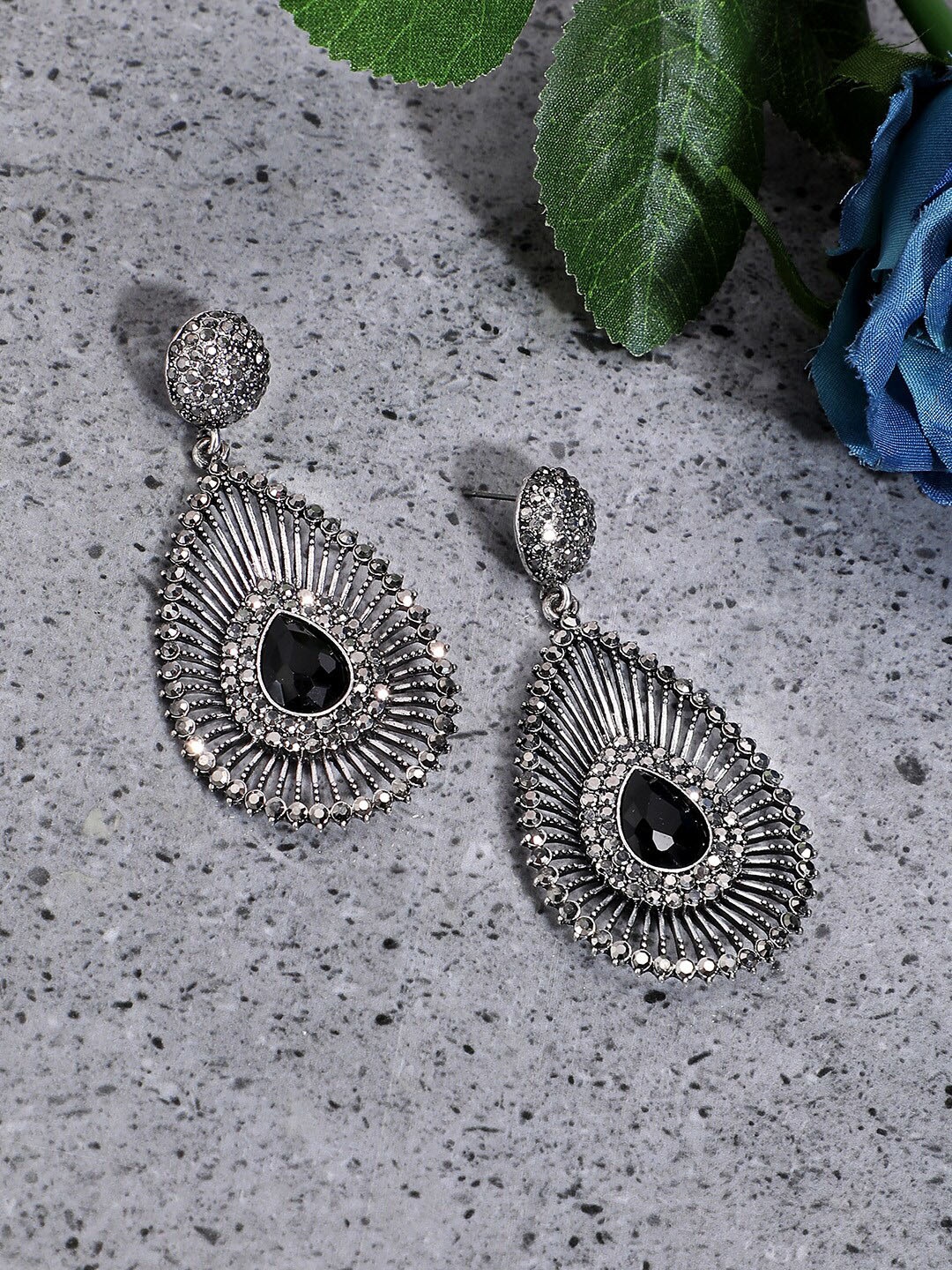 

SOHI Silver-Plated Teardrop Shaped Drop Earrings, Black
