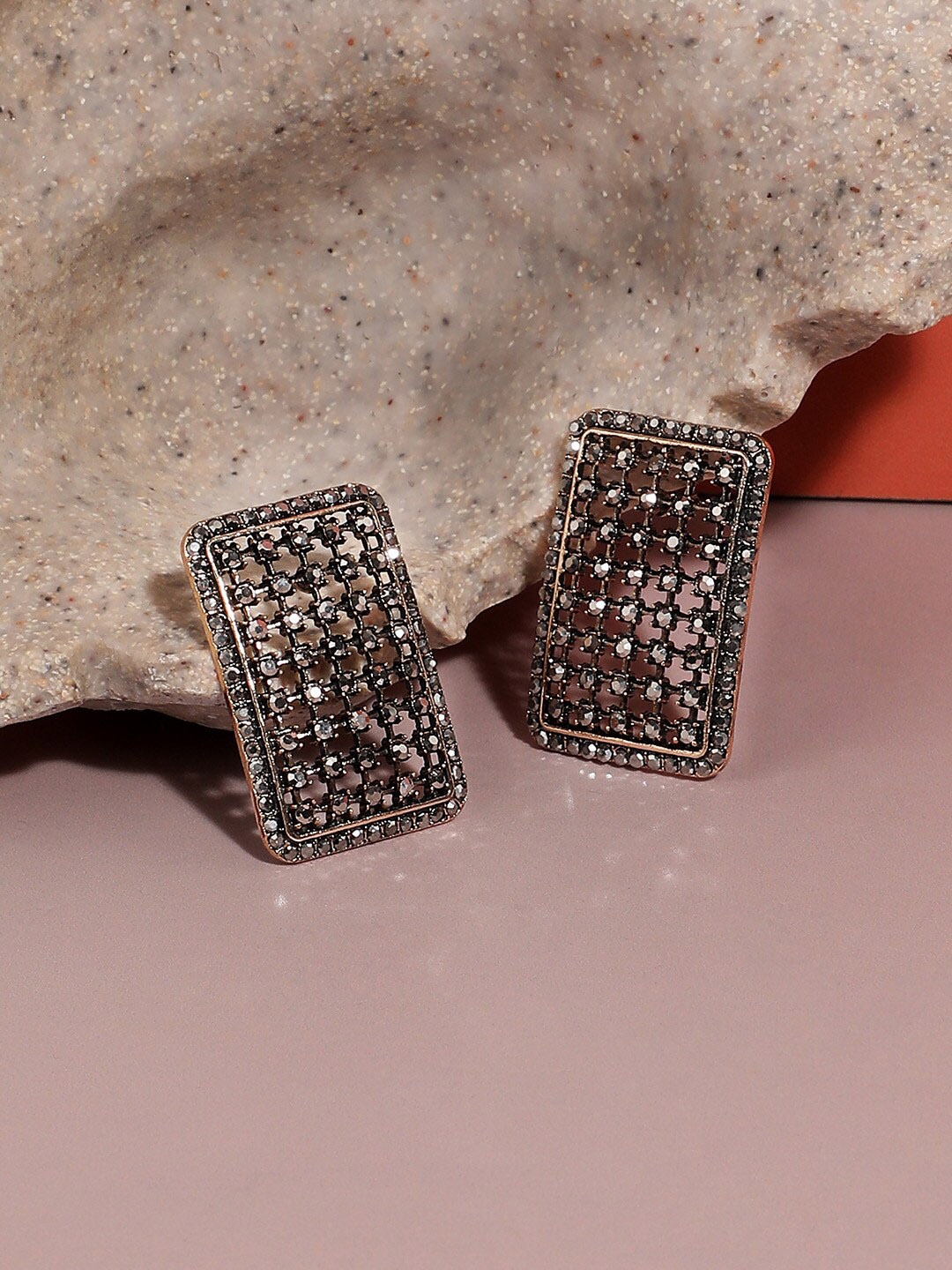 

SOHI Gold-Plated Contemporary Oxidised Studs Earrings, Silver