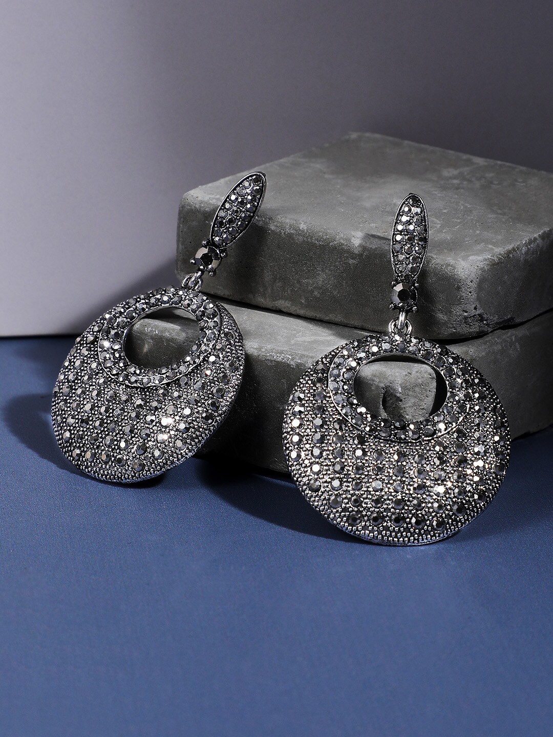 

SOHI Silver-Plated Circular Shaped Drop Earrings