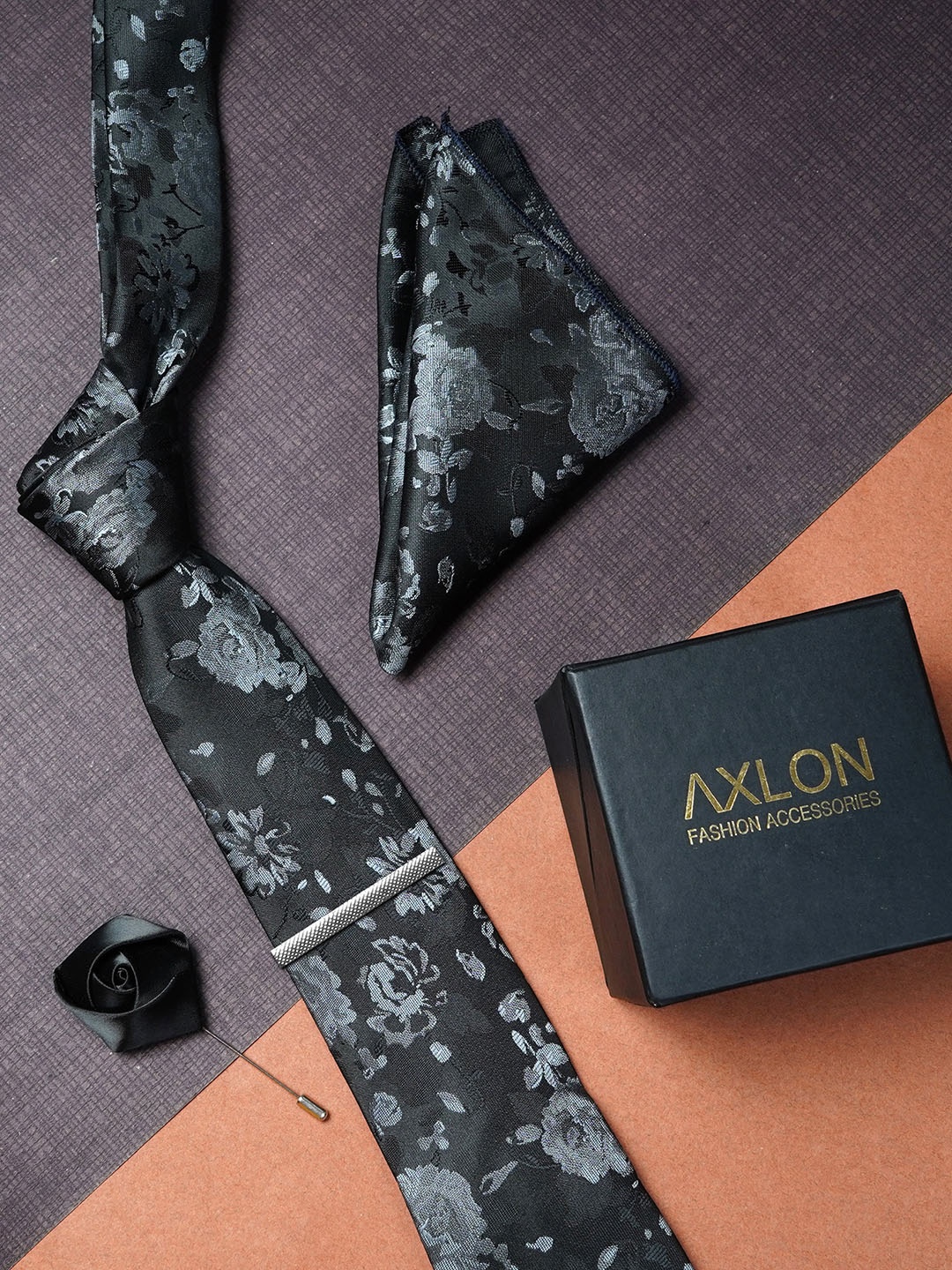 

AXLON Men Woven Design Tie With Pocket Square, Tie Clip & Flower Pin, Black