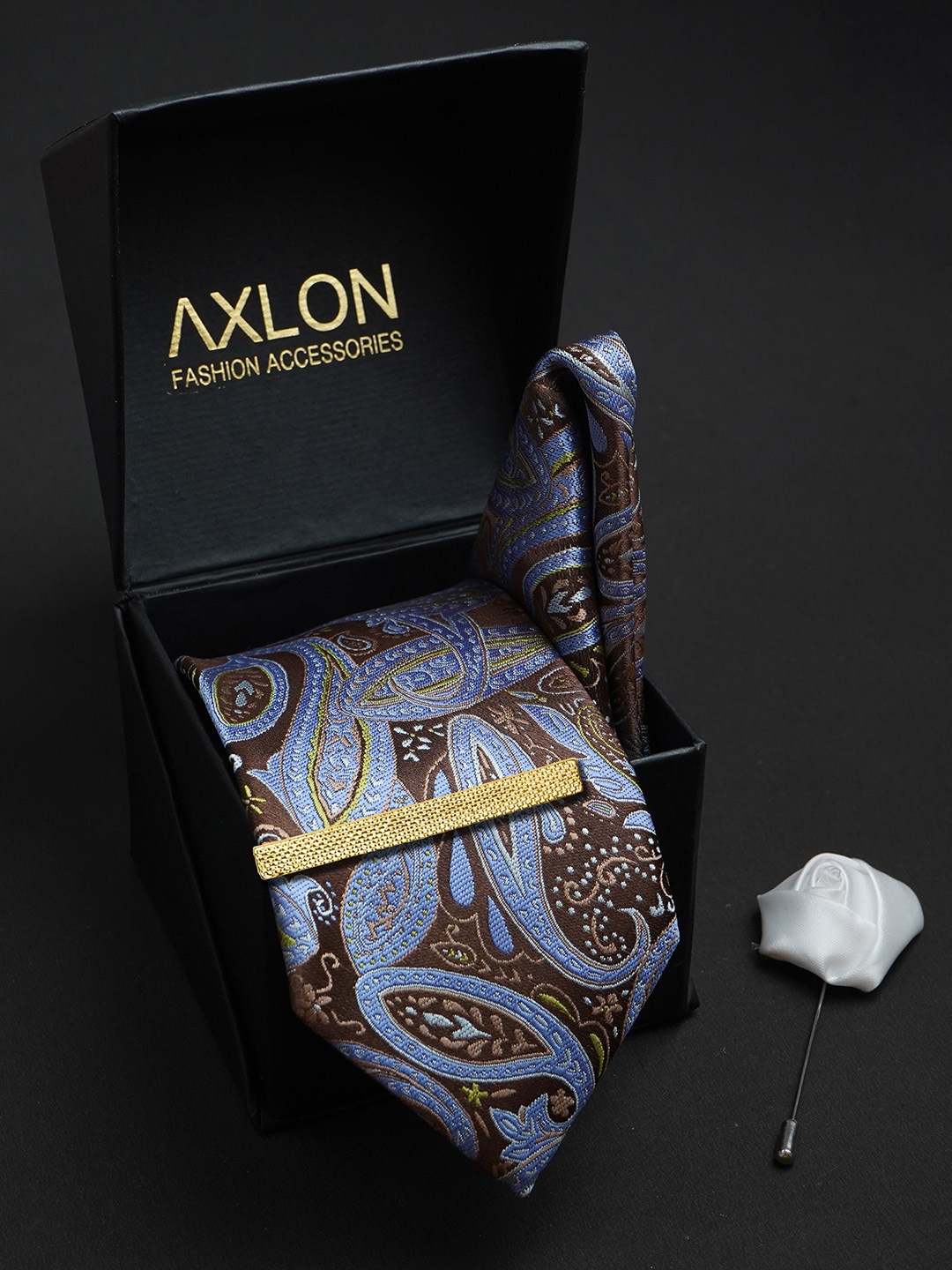 

AXLON Men Woven Design Tie Set Accessory Gift Set, Brown