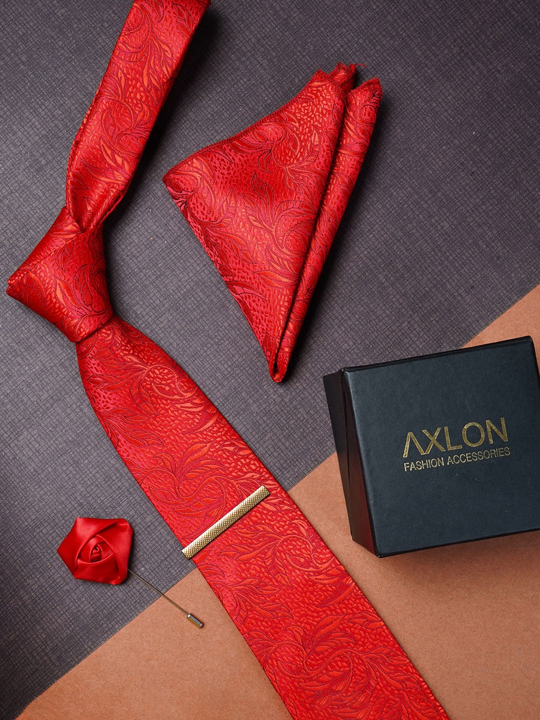 

AXLON Men Woven Design Tie With Pocket Square, Tie Clip & Flower Pin, Red