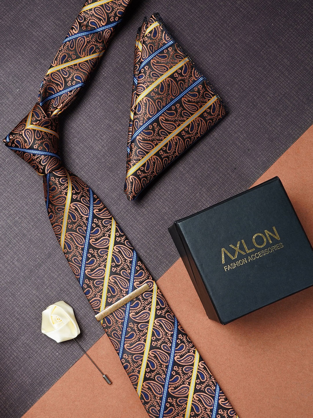 

AXLON Men Paisley Woven Design Tie With Pocket Square, Tie Clip & Flower Pin, Brown