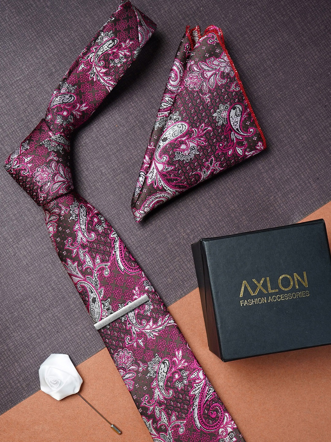 

AXLON Men Floral Woven Design Tie With Pocket Square, Tie Clip & Flower Pin, Burgundy