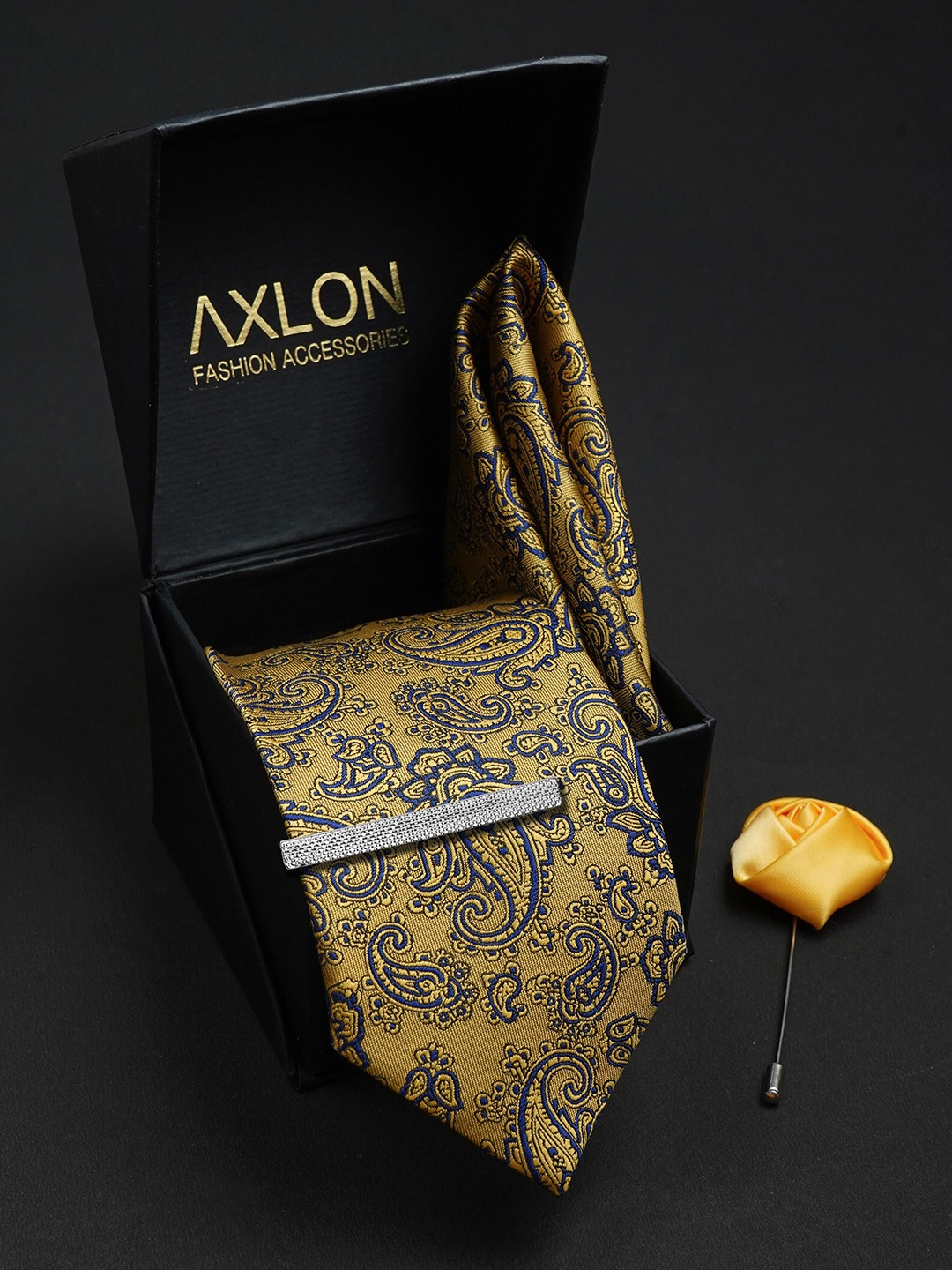 

AXLON Men Paisley Woven Design Tie With Pocket Square, Tie Clip & Flower Pin, Yellow