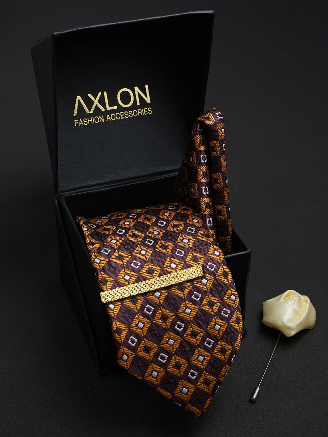 

AXLON Men Woven Design Tie Set Accessory Gift Set, Brown