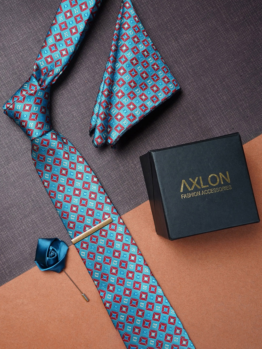 

AXLON Men Woven Design Tie With Pocket Square, Tie Clip & Flower Pin, Blue