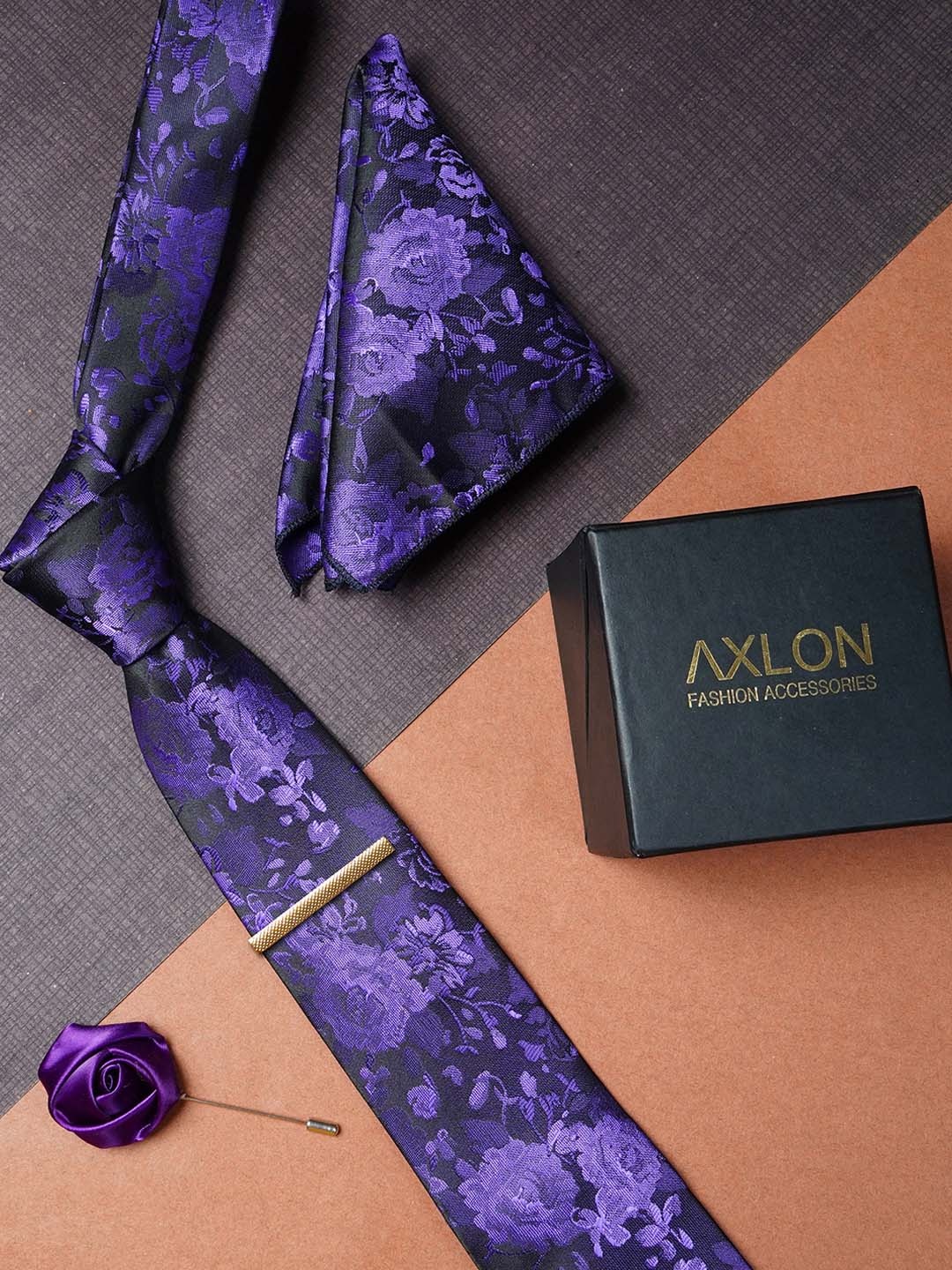 

AXLON Men Floral Woven Design Pocket Square, Cufflink, Tie Clip & Flower Pin, Purple