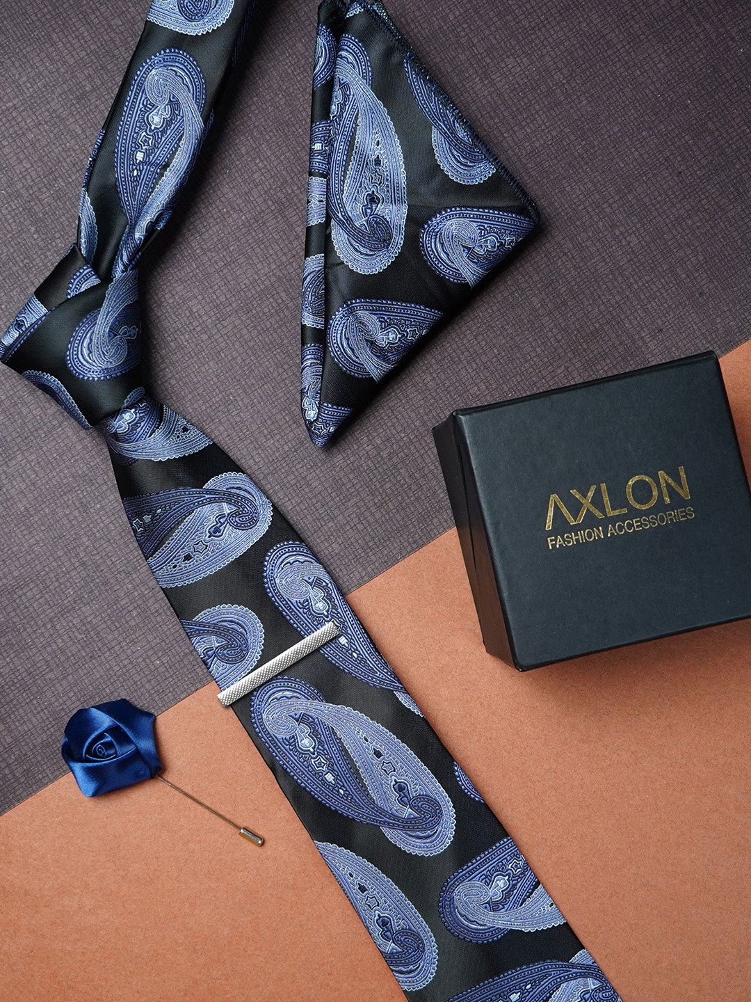 

AXLON Men Paisley Woven Design Tie With Pocket Square,Tie Clip & Flower Pin, Blue