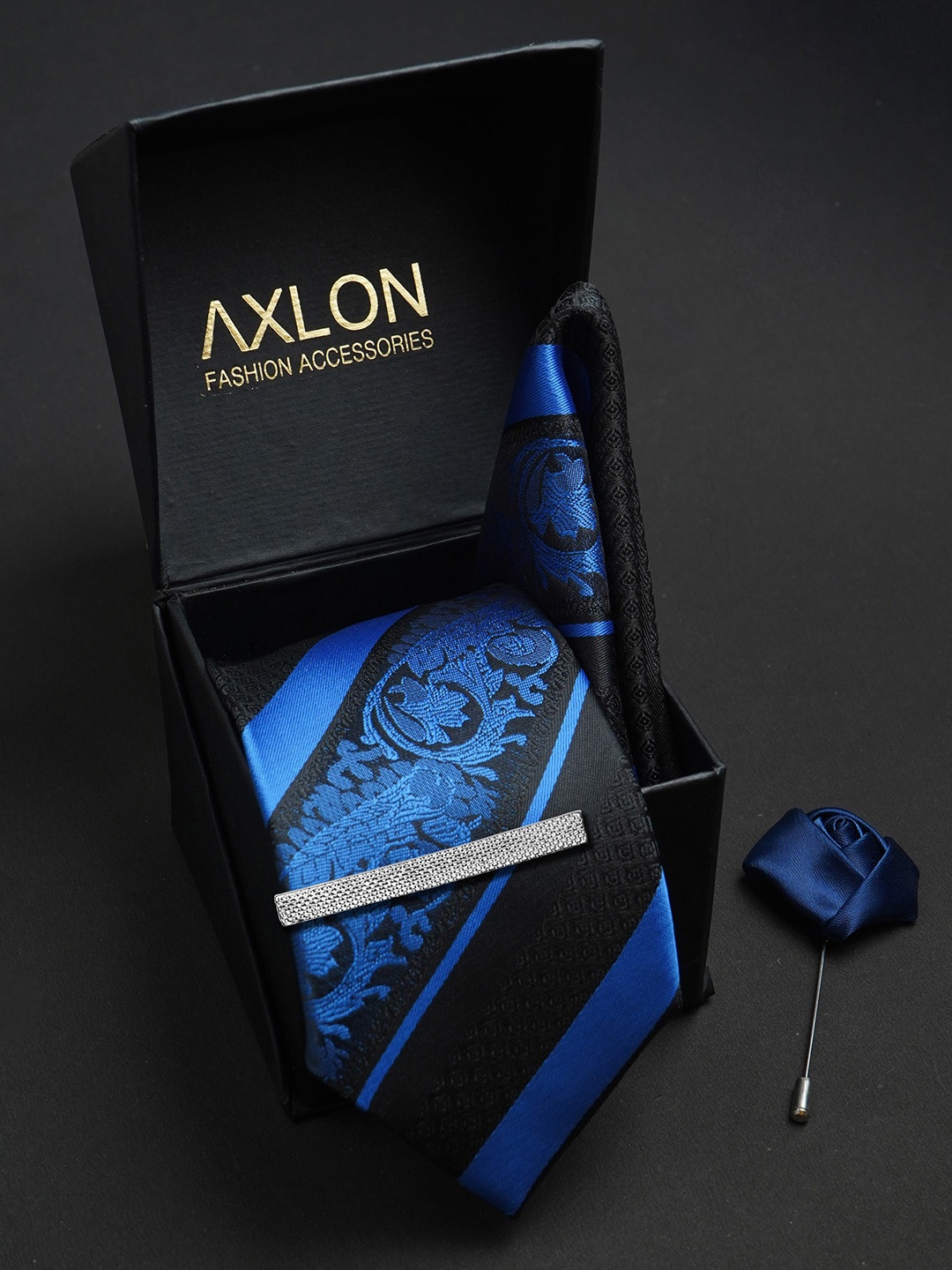 

AXLON Men Woven Design Tie With Pocket Square,Tie Clip & Flower Pin, Navy blue