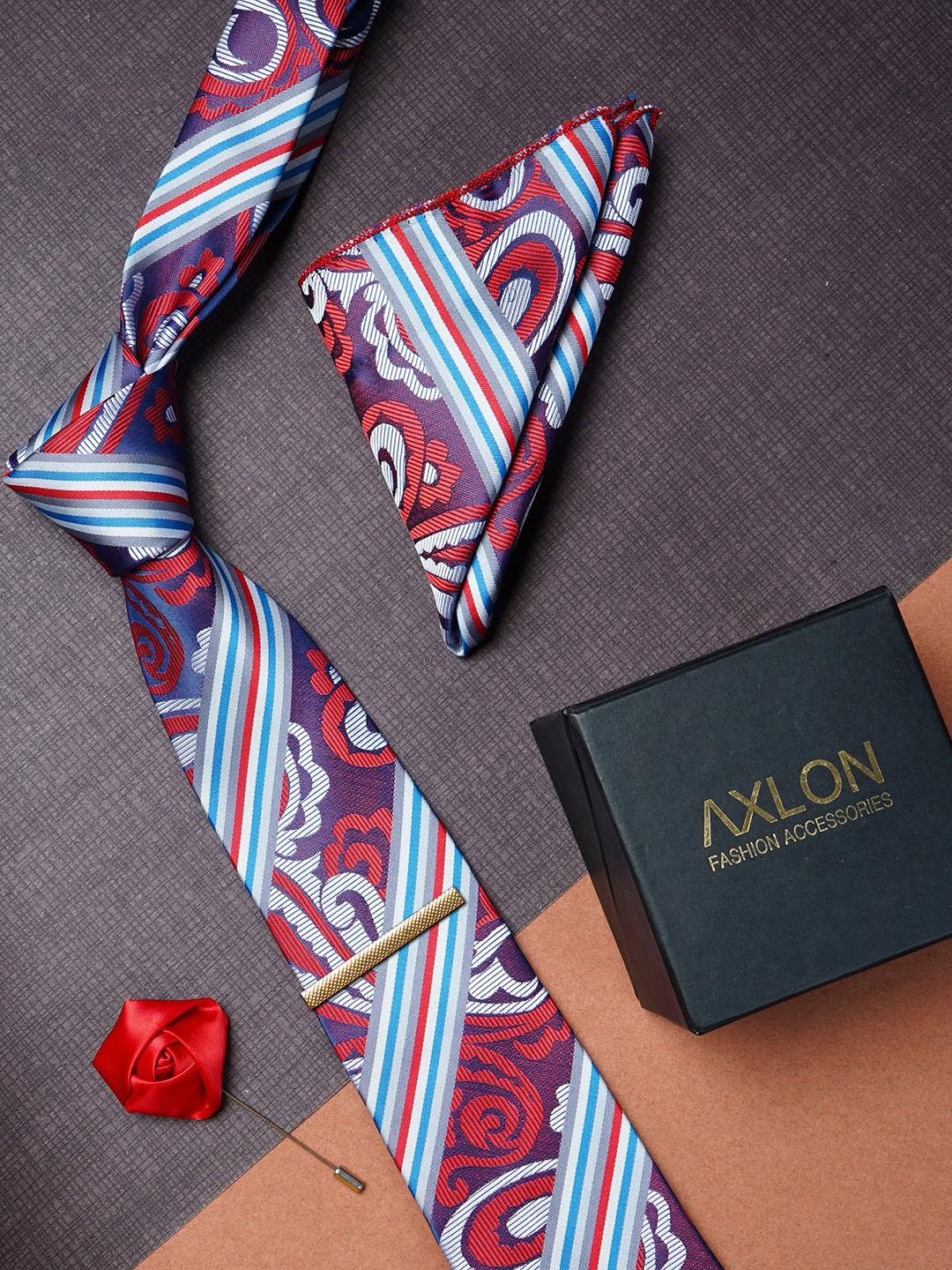 

AXLON Men Woven Design Tie With Pocket Square,Tie Clip & Flower Pin, Red