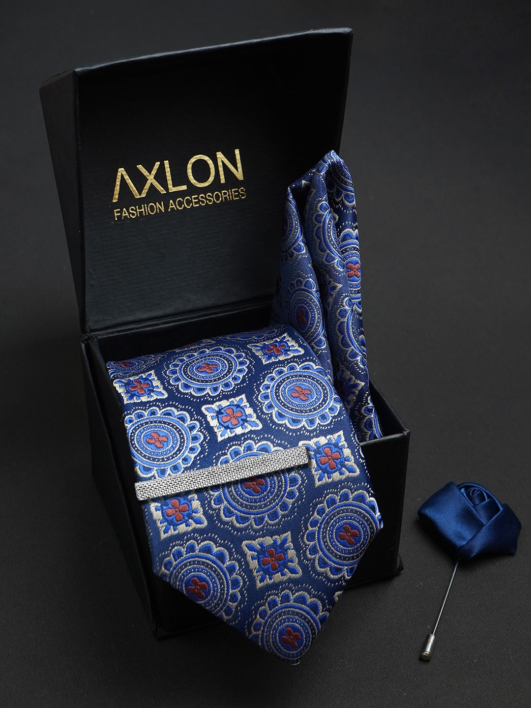 

AXLON Men Woven Design Tie With Pocket Square, Tie Clip & Flower Pin, Navy blue