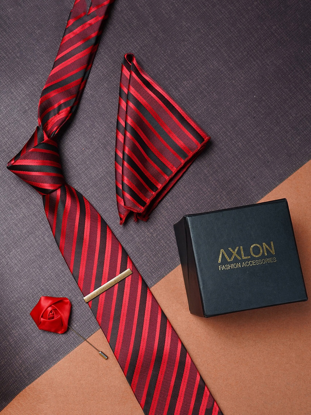 

AXLON Men Striped Tie With Pocket Square, Tie Clip & Flower Pin, Maroon