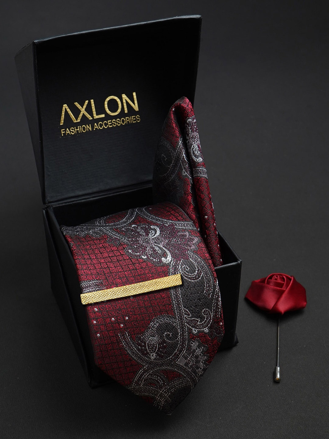 

AXLON Men Woven Design Tie Set Accessory Gift Set, Maroon