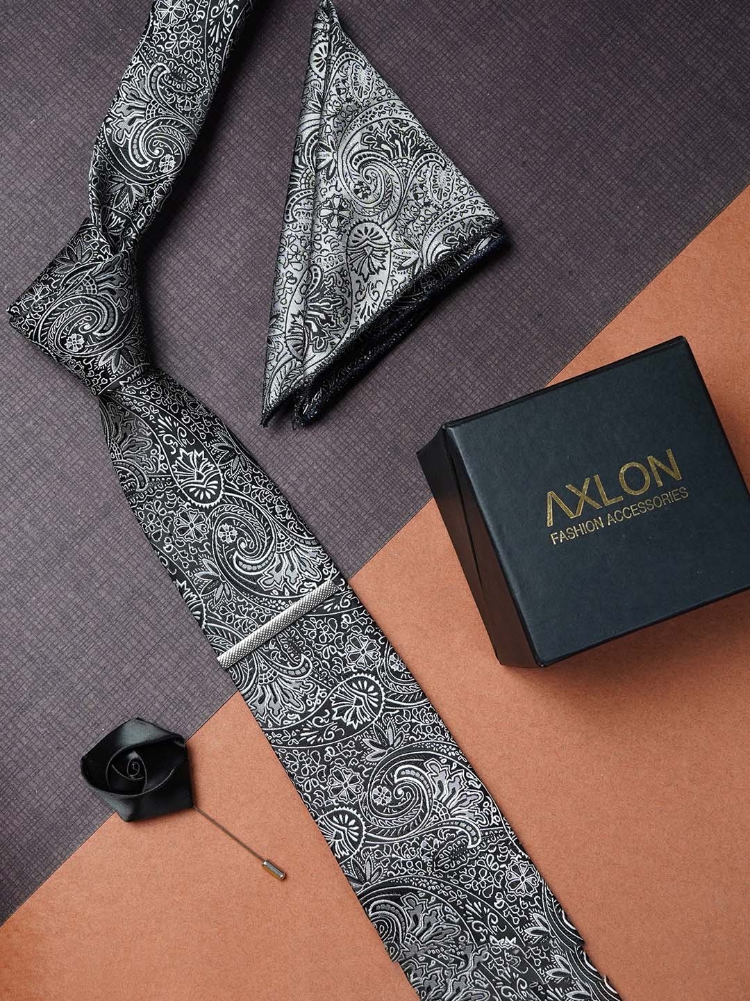 

AXLON Men Pasiley Woven Design Tie With Pocket Square, Tie Clip & Flower Pin, Silver