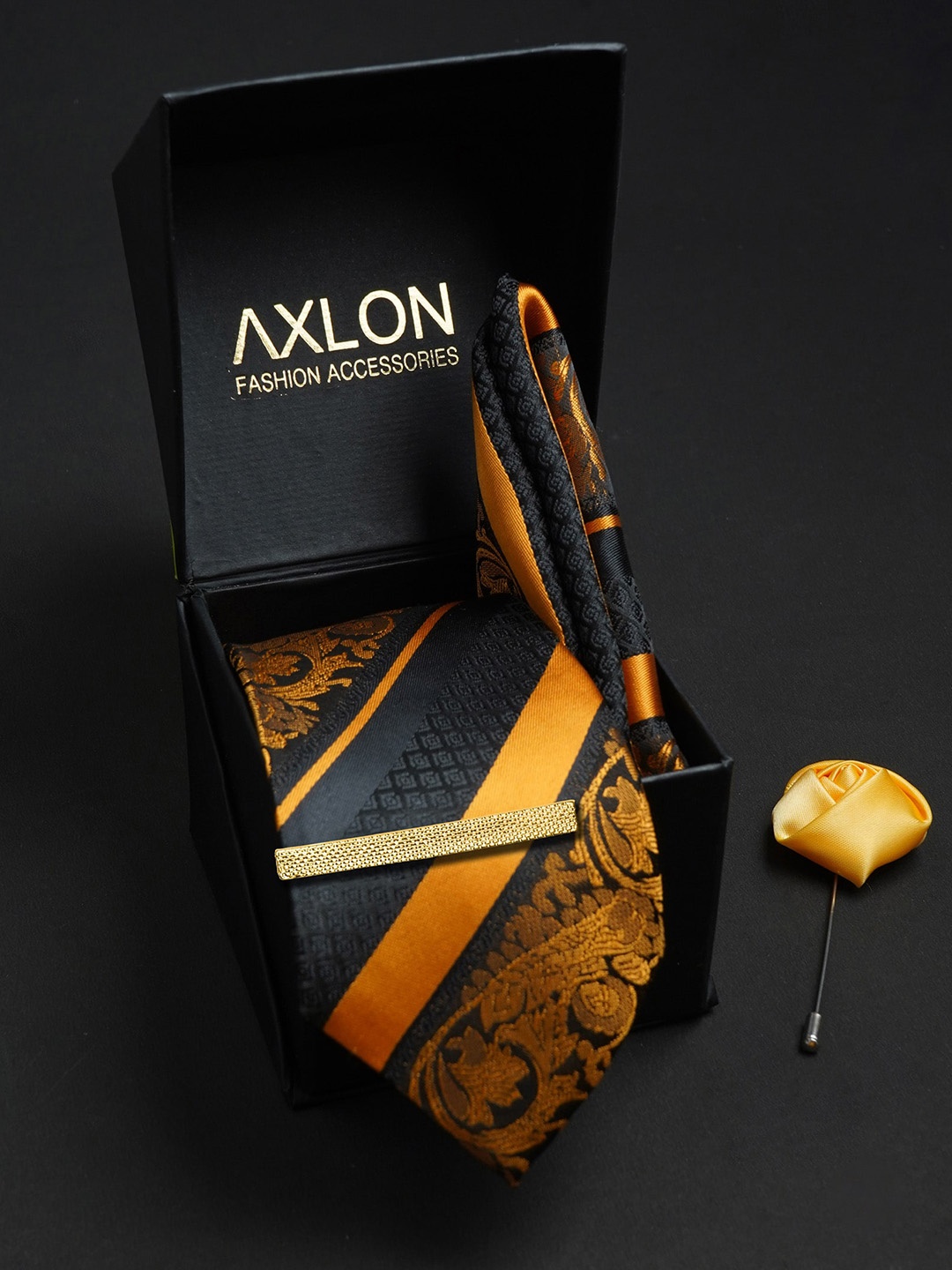 

AXLON Men Woven Design Tie Set Accessory Gift Set, Mustard
