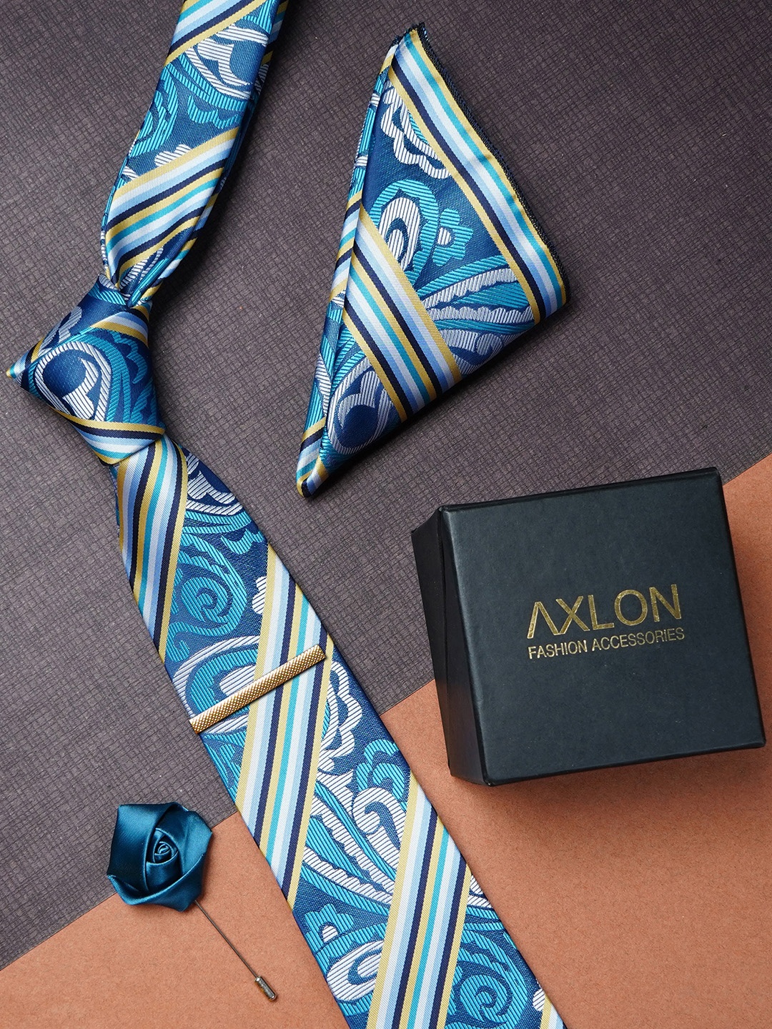 

AXLON Men Woven Design Tie Set Accessory Gift Set, Teal